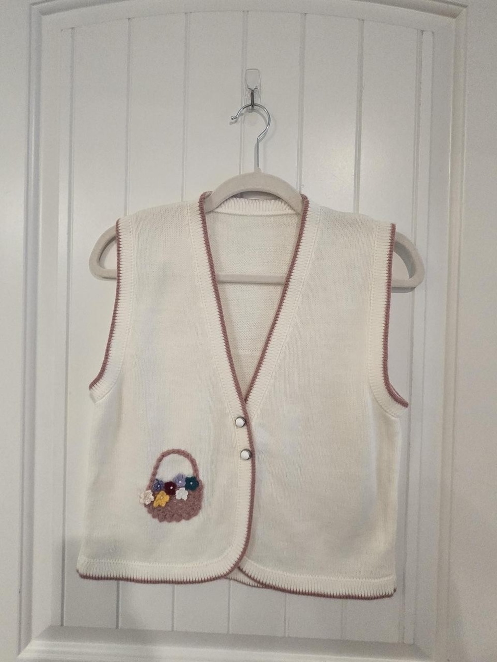 Cream Knit Vest with Pink Trim and Floral Patch
